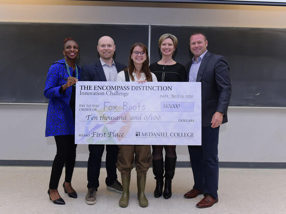 McDaniel student Rachael Fox, an Environmental Studies major, and her Fox Boots earned the top prize at the fourth Innovation Challenge finals.