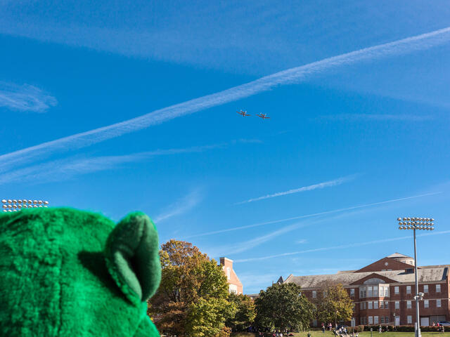 Green Terror mascot looking at campus.