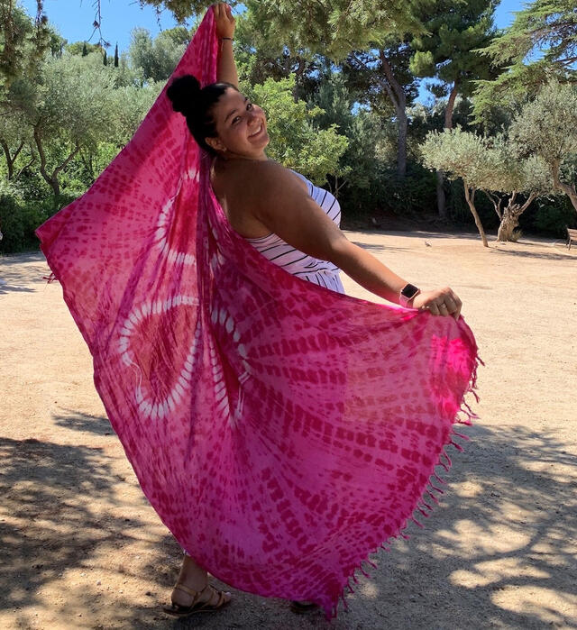 Sophomore Elva Joy in Spain with pink scarf