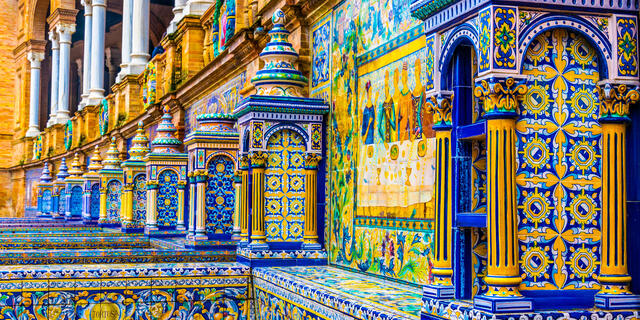The tiled walls of Plaza de Espana in Seville, Spain.