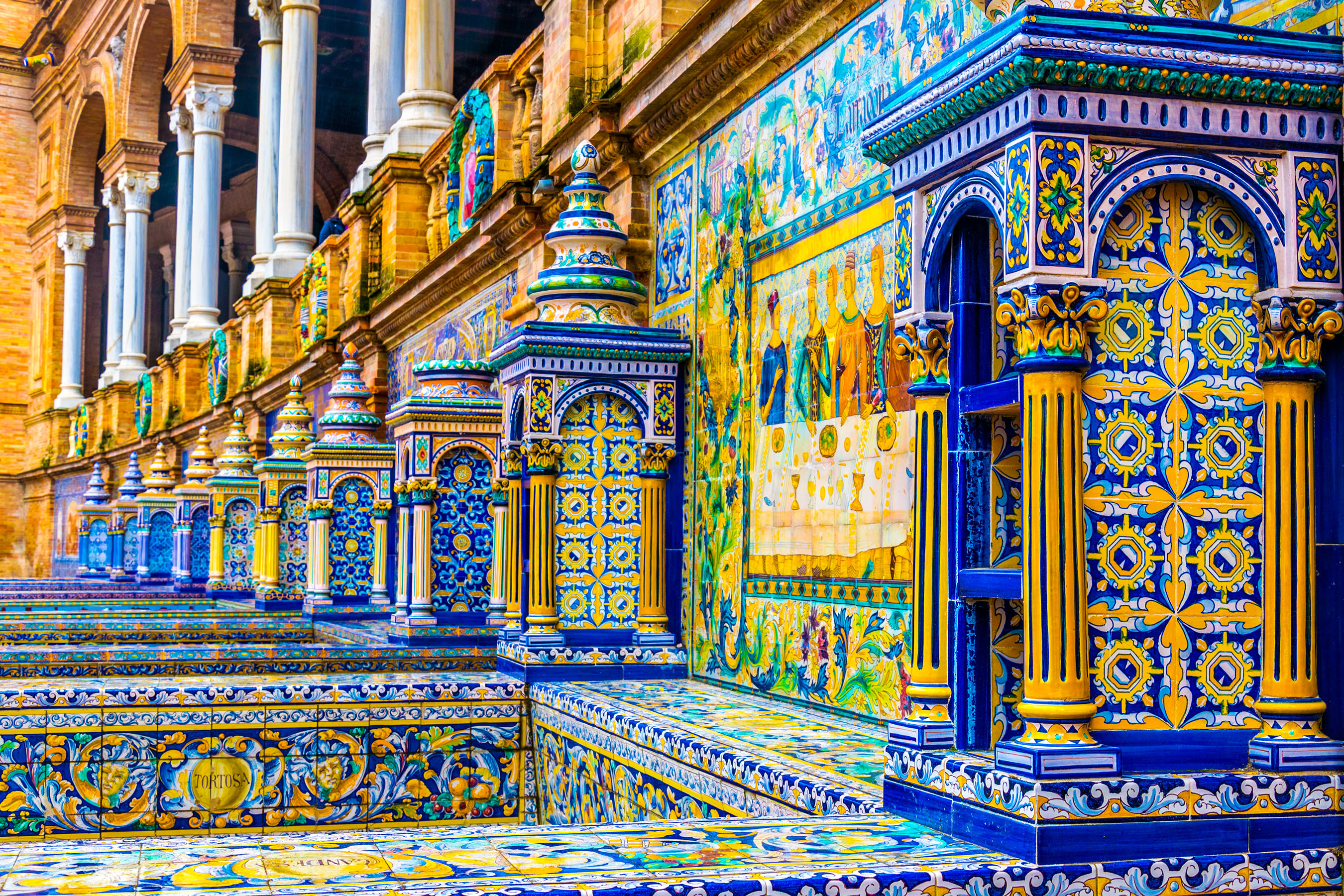 The tiled walls of Plaza de Espana in Seville, Spain.