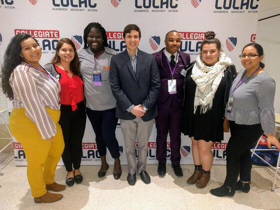 McDaniel students with Matthew Mongiello, assistant professor of Political Science and International Studies, at the 2019 League of United Latin American Citizens Emerge Latino Conference.