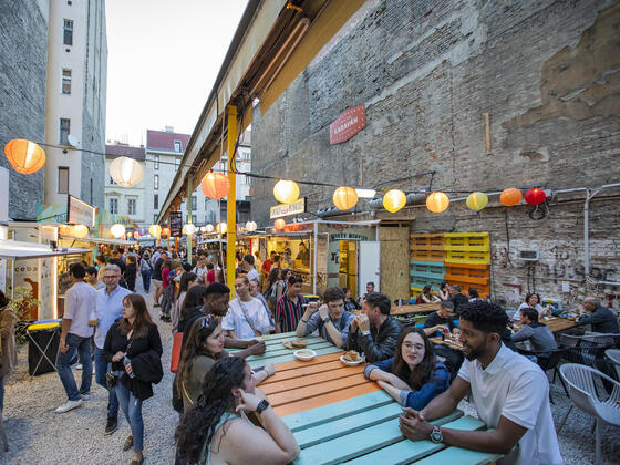 Students in restaurant in Budapest.