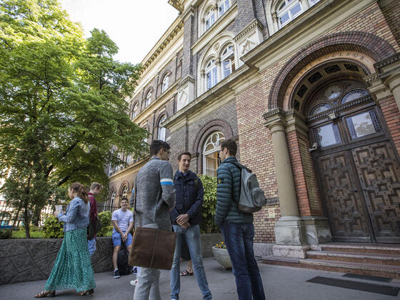 Students outside of Budapest campus.