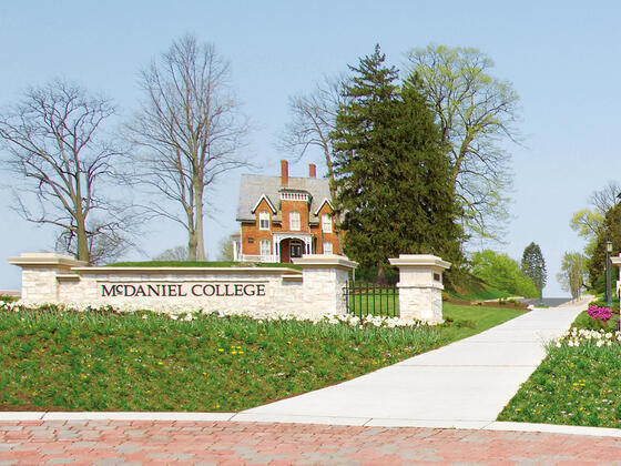 McDaniel College entrance sign in Spring.