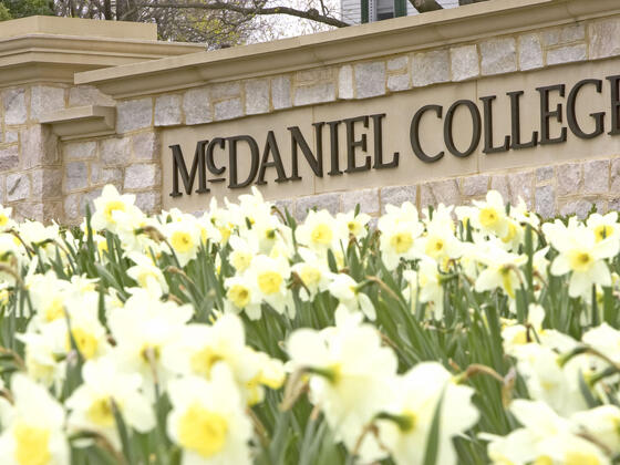 McDaniel College entrance sign in Spring.