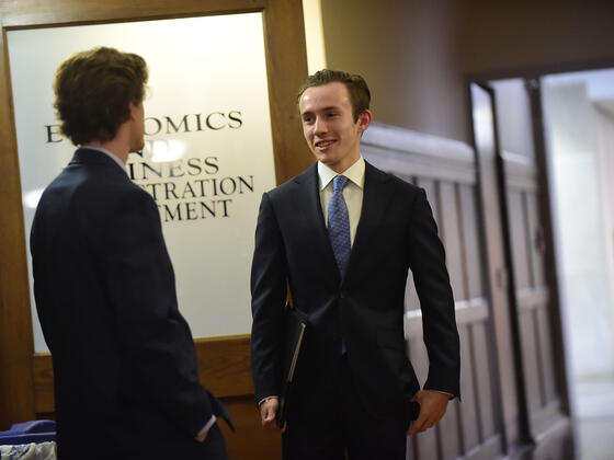 Students in business attire on Interviewing Day 2019.