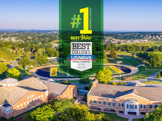 US News-#1 Best Value badge overlaid on McDaniel aerial campus view.