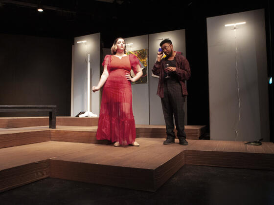 McDaniel College student Amanda Halcott portrayed Caroline in “The Grass is Greenest at the Houston Astrodome,” directed by McDaniel College student Patsy Zetkulic. Halcott is with Marshall, played by McDaniel student Corey Van Huff.