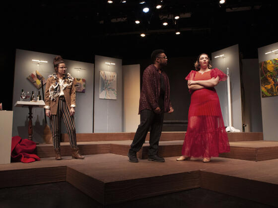 McDaniel College student Amanda Halcott portrayed Caroline in “The Grass is Greenest at the Houston Astrodome,” directed by McDaniel College student Patsy Zetkulic. Halcott is with Marshall, played by McDaniel student Corey Van Huff.