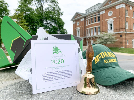 McDaniel graduates received their celebration in a box – their own commemorative bell to ring during the Zoom bell-ringing and a McDaniel baseball cap welcoming them to the Alumni Association.