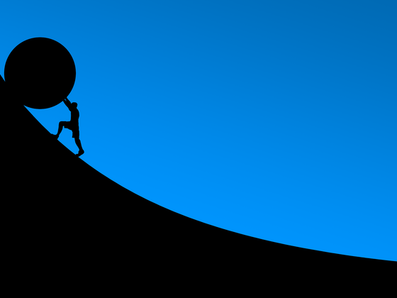 graphic of person pushing boulder up a hill