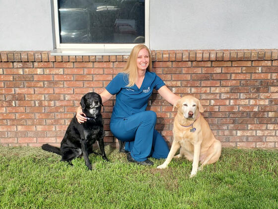 Photo of Dr. Theresa Hess '07 with her dogs