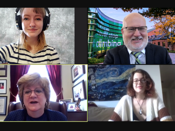 McDaniel students Rebecca Halaney and Madelaine Lee along with McDaniel College President Roger N. Casey met virtually with Delegate Susan W. Krebs, who represents Carroll County, on Maryland Independent Higher Education Day.