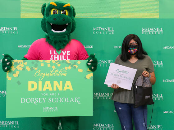Diana Flores was surprised on Wednesday, March 24 at Winters Mill High School with a Dorsey Scholarship to McDaniel College.