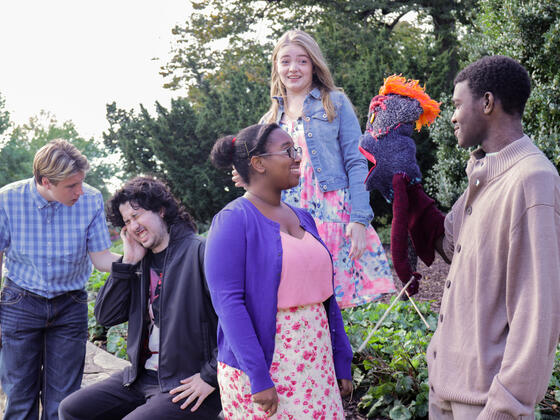 Pictured is Paul Steinert as Pastor Greg, Hayden Draycott as Timothy, Danielle Carter as Jessica, Tyra Pritchett as Margery, and Reese Weaver as Jason/Tyrone in McDaniel College's production of "Hand to God."