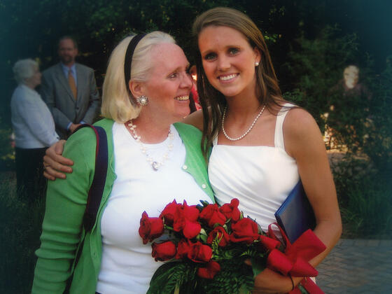 Alumna Sharon Love and daughter and Yeardley standing together. 