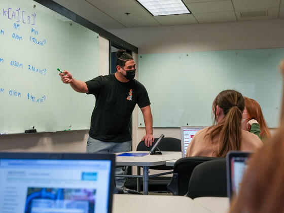 Student teaches other students at a whiteboard.