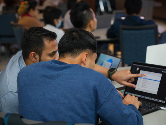 Two Data Analytics students collaborate at a computer.