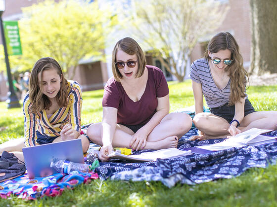 Three students sit on a blanket outdoors while facing the camera. 