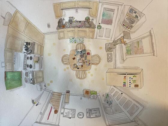 A painting of an overhead view of a kitchen. 