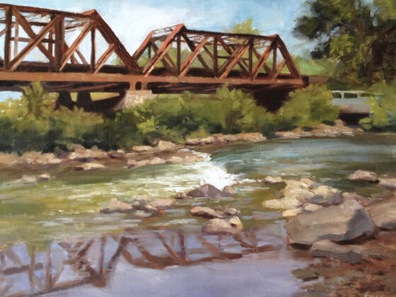 Painting of a metal bridge over a river.