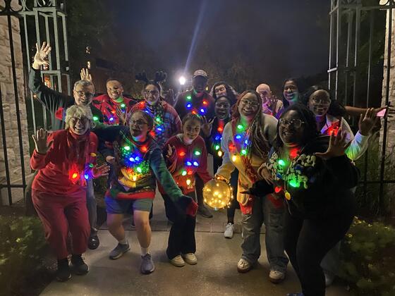 McDaniel College students celebrating another festive year, with Christmas customs and lights. 