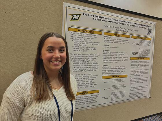Senior Kinesiology and Psychology major Katie Klein attended the 36th Annual Association for Applied Sport Psychology (AASP) Conference to present her research, titled "Exploring the Psychosocial Factors Associated with Returning to Basketball after Multiple Lower Extremity Injuries to the Same Leg: A Case Study." 