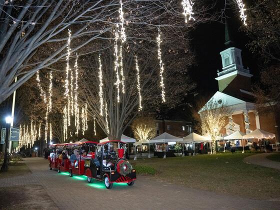 A small train car with passengers drives under trees with strings of white lights in them.