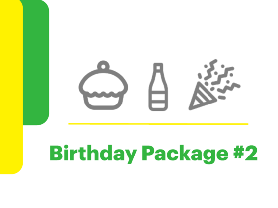 Graphic that reads Birthday Package #2 with icons of a cupcake, bottle, and confetti.