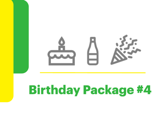 Graphic that reads Birthday Package #4 with icons of a cake, bottle, and confetti.