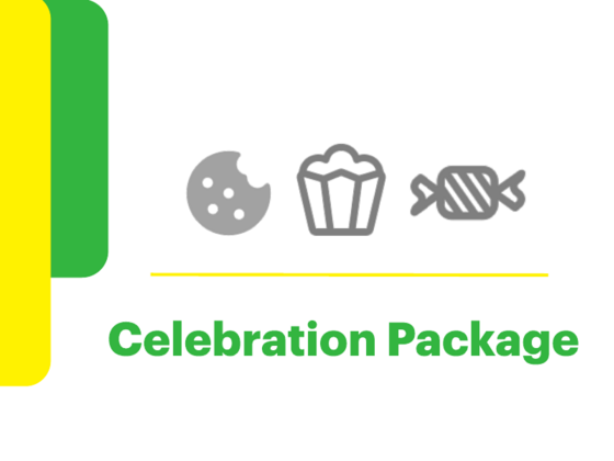 Graphic that reads Celebration Package with icons of a cookie, popcorn, and candy.
