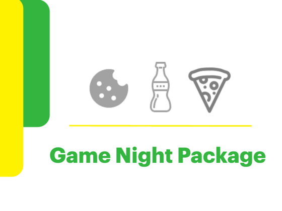 Graphic that reads Game Night Package with icons of a cookie, energy drink, and pizza.