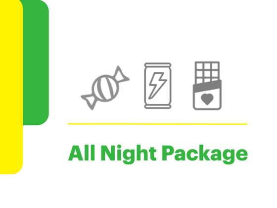 Graphic that reads All Night Package with icons of a candy, energy drink, and chocolate bar.