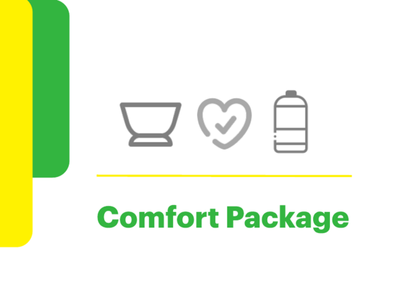 Graphic that reads Comfort Package with icons of a soup bowl, heart, and bottled drink.