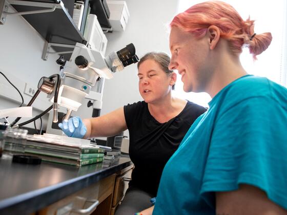 A student looks into a microscope while seated next to a professor. 