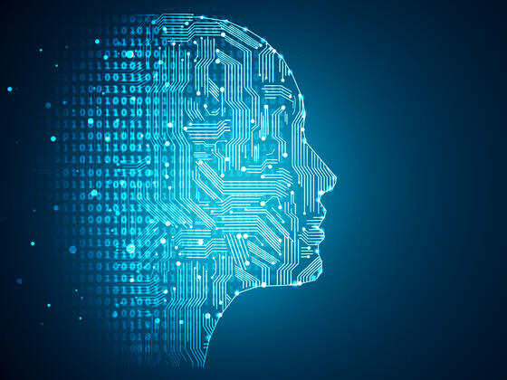 A graphic of a human head silhouette made up of circuitry and code.