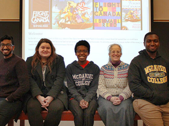 McDaniel College students Jehan Silva, Eimilee Bell, Julie Person, English professor Mary Bendel-Simso and student Ryan Wheeler