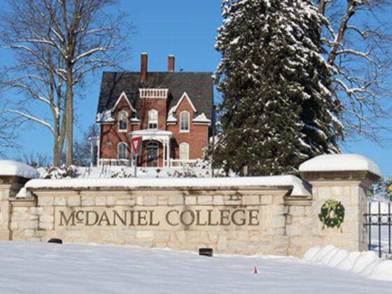Photo of McDaniel College entrance in the snow