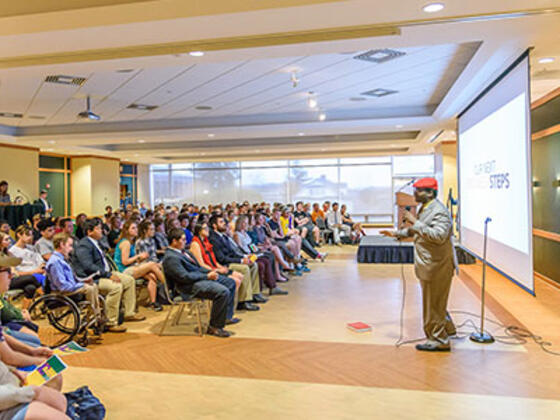 Dajuan Price '17 presents BookSWAP at the 2017 Innovation Challenge finals at McDaniel College