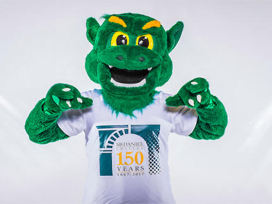 The new look of McDaniel College's mascot, the Green Terror. 