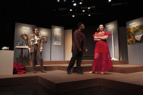 McDaniel College student Amanda Halcott portrayed Caroline in “The Grass is Greenest at the Houston Astrodome,” directed by McDaniel College student Patsy Zetkulic. Halcott is with Marshall, played by McDaniel student Corey Van Huff.