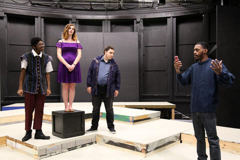 McDaniel student Darrick Rowe, playing West from “After Happily,” stands with student Sophia Gilbart as Talia, student Matt Foley as Kason and student Kevin Tyson as Farrell. 