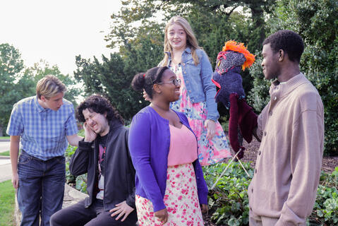 Pictured is Paul Steinert as Pastor Greg, Hayden Draycott as Timothy, Danielle Carter as Jessica, Tyra Pritchett as Margery, and Reese Weaver as Jason/Tyrone in McDaniel College's production of "Hand to God."
