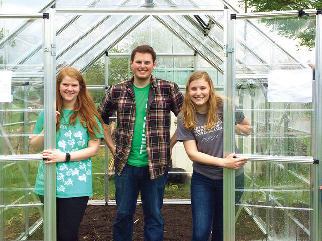 McDaniel students at the new greenhouse they purchased with their Griswold-Zepp award.