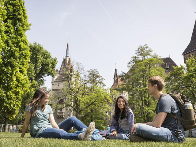 Students sitting on lawn near Budapest campus.