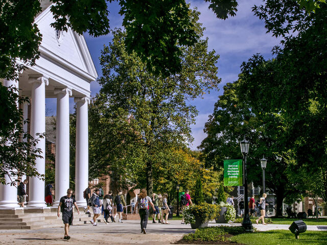 Students walking across campus.