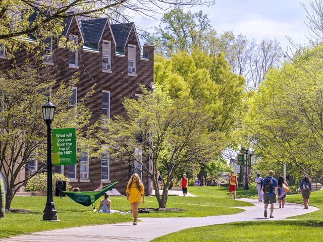 Students walking across campus.