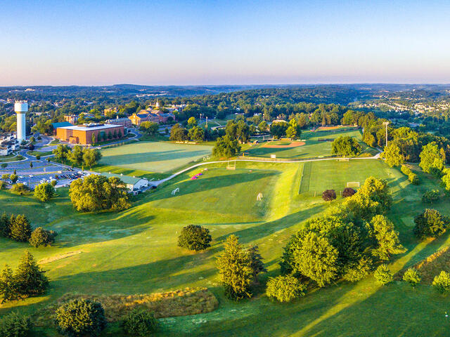 Aerial view of McDaniel College campus athletic fields.