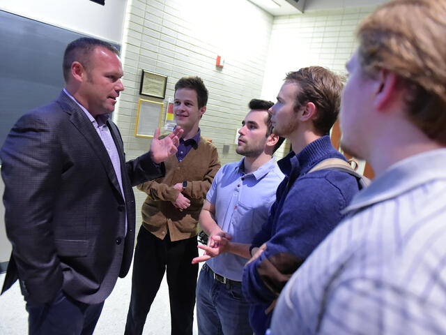 Alumni Guy Sheetz talks to students at the Innovation Challenge.